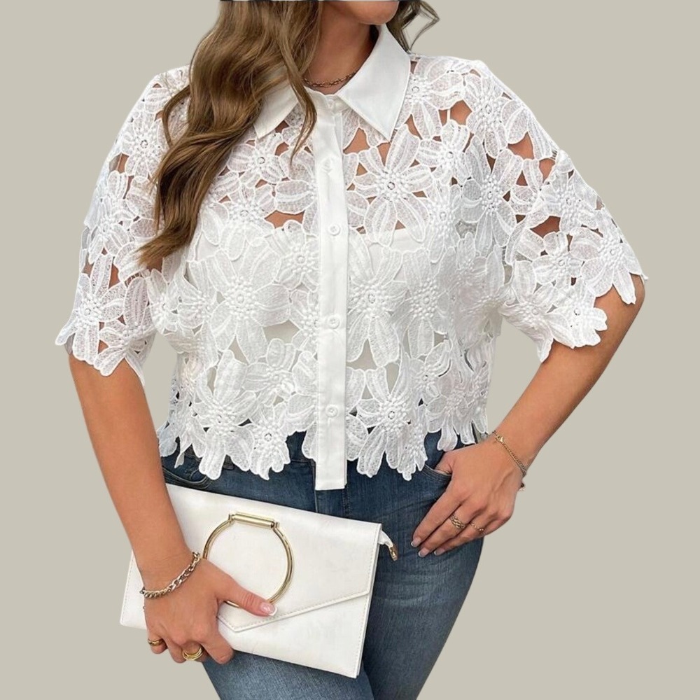 White Floral Lace Hollow Out Button Up Shirt M Scalloped Crop Top Coquette